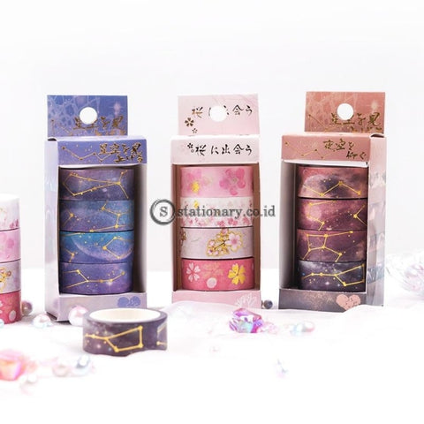 (Preorder) 4Pcs Starry Star Sky Paper Washi Tape Set 15Mm Sakura Flower Galaxy Gold Adhesive Masking